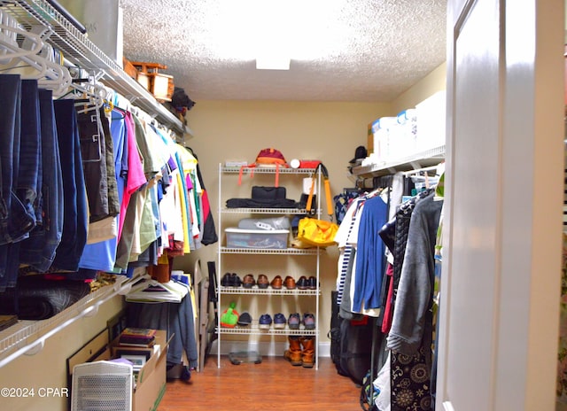 walk in closet with hardwood / wood-style floors