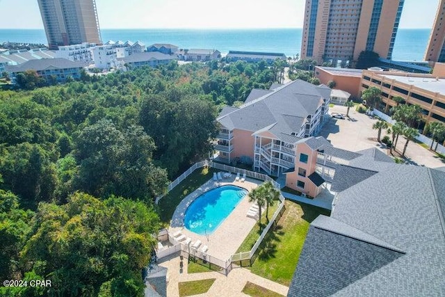 birds eye view of property featuring a water view