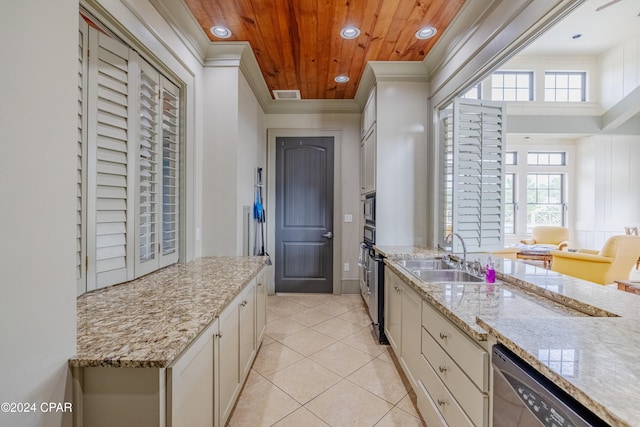 kitchen featuring light stone countertops, sink, wooden ceiling, and plenty of natural light