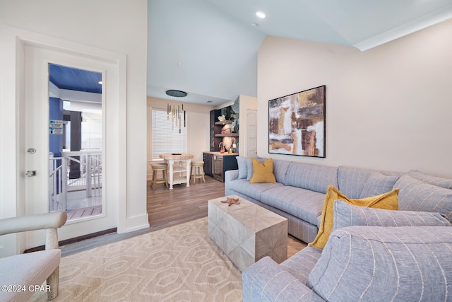 living room featuring wood-type flooring and lofted ceiling