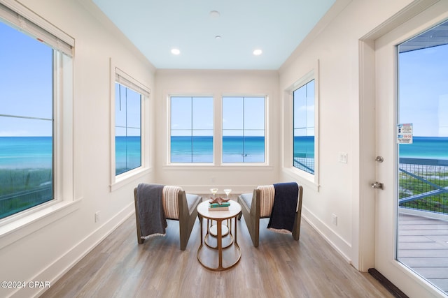 living area featuring light wood-type flooring and a water view