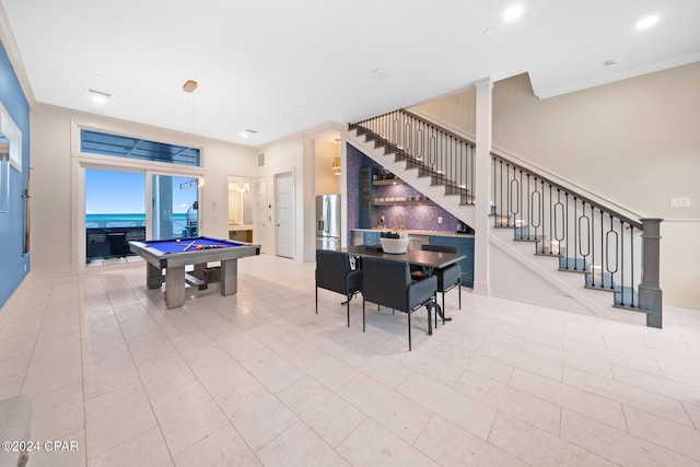 rec room featuring light tile patterned floors and pool table