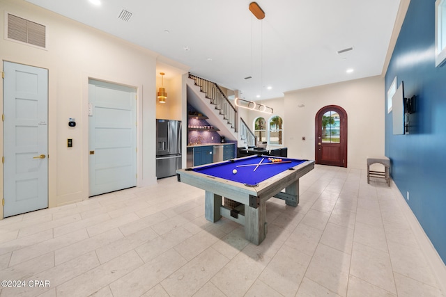 rec room with light tile patterned floors and billiards