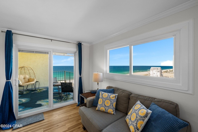 living room featuring a view of the beach, a water view, light hardwood / wood-style flooring, and ornamental molding