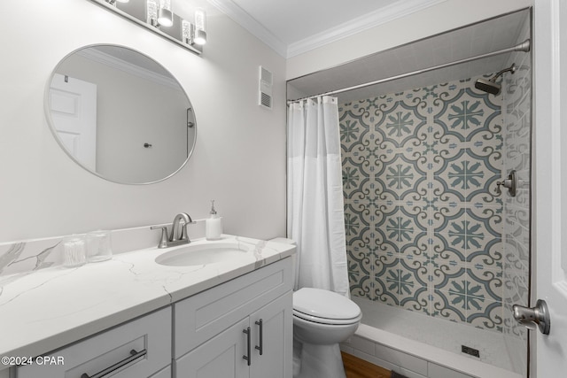 bathroom with a shower with curtain, toilet, vanity, and ornamental molding