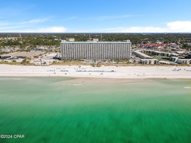 bird's eye view with a view of the beach and a water view