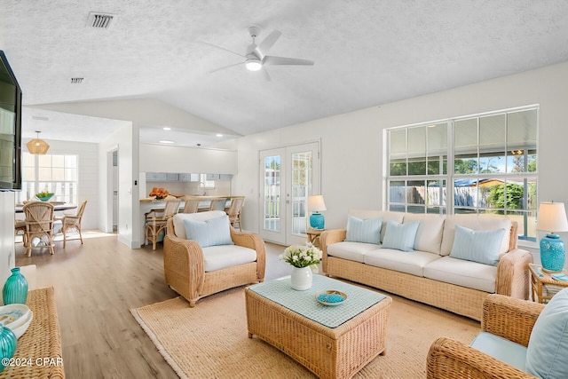 living room featuring plenty of natural light, lofted ceiling, a textured ceiling, and light hardwood / wood-style flooring