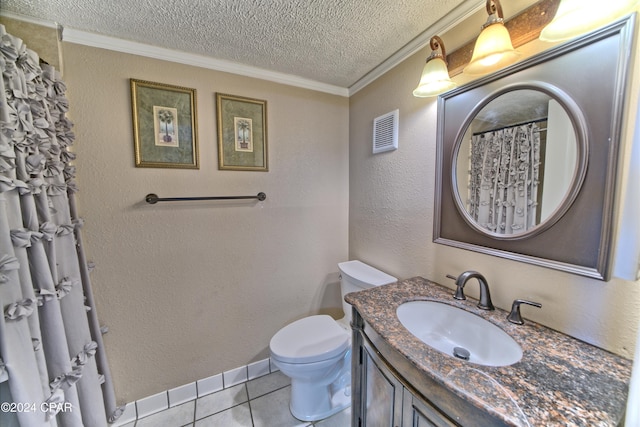 bathroom featuring tile patterned flooring, a textured ceiling, vanity, crown molding, and toilet