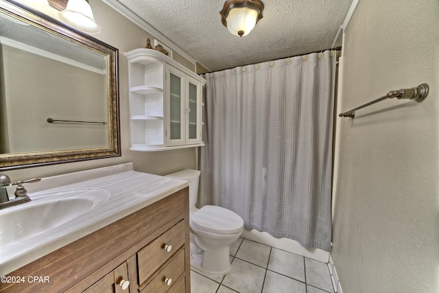 full bathroom featuring shower / bath combo, tile patterned flooring, vanity, a textured ceiling, and toilet