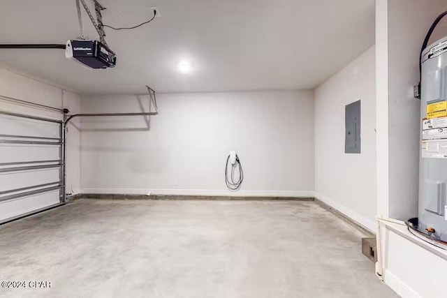 garage with electric panel, baseboards, a garage door opener, and water heater