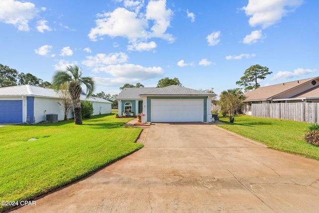 single story home featuring a front lawn, a garage, and cooling unit