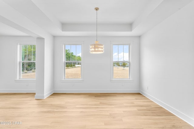 unfurnished dining area with a raised ceiling and light wood-type flooring