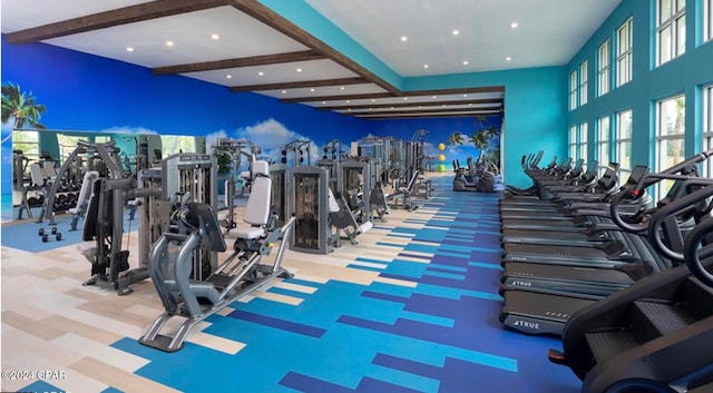 workout area with a high ceiling