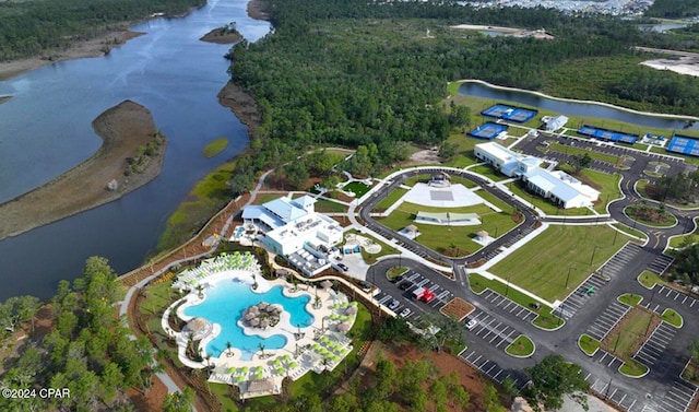 drone / aerial view featuring a water view