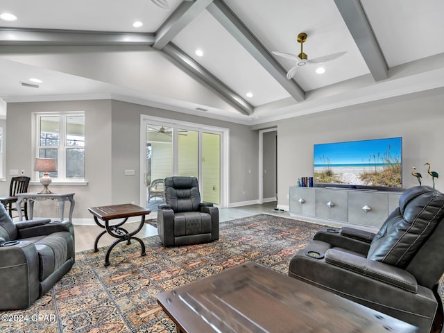 living room featuring hardwood / wood-style floors, ceiling fan, vaulted ceiling with beams, and ornamental molding