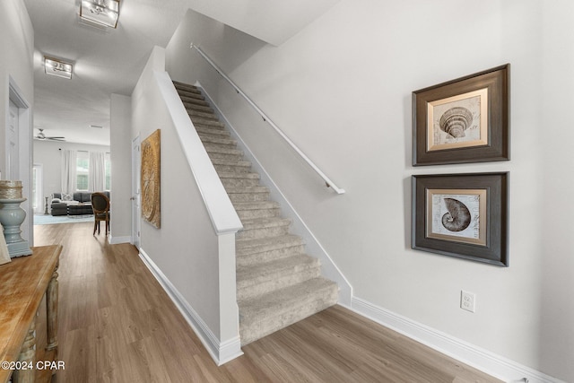 stairway featuring hardwood / wood-style floors and ceiling fan