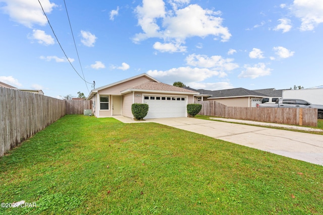 ranch-style house with a garage and a front yard