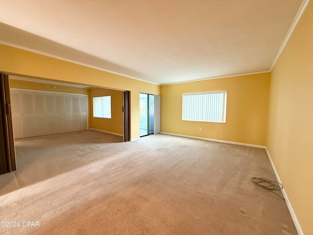 spare room with ornamental molding and light carpet