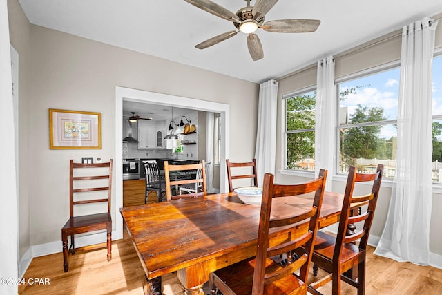 dining room featuring light wood-type flooring and ceiling fan