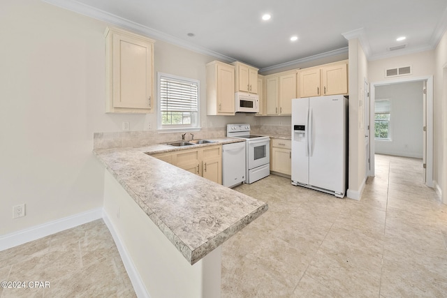 kitchen featuring white appliances, sink, kitchen peninsula, and ornamental molding