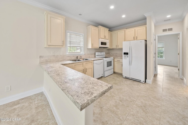 16246 E Lullwater, Panama City Beach, FL 32413 - kitchen featuring white appliances, ornamental molding, light countertops, a sink, and recessed lighting