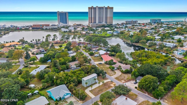 drone / aerial view featuring a water view