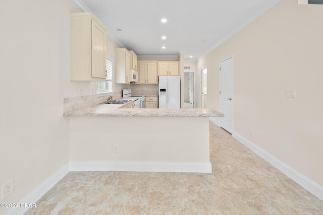 kitchen featuring white appliances, sink, kitchen peninsula, and ornamental molding