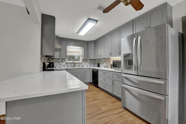 kitchen with sink, gray cabinetry, stainless steel appliances, light hardwood / wood-style floors, and kitchen peninsula