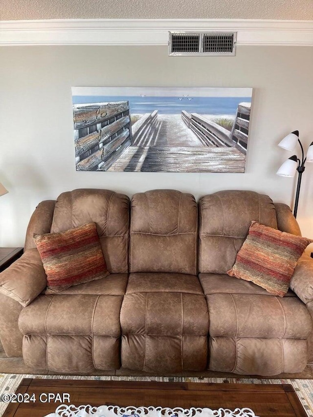 living room featuring a textured ceiling and crown molding