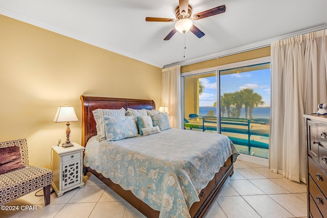 bedroom featuring ceiling fan, ornamental molding, light tile patterned floors, and access to outside