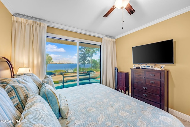 bedroom with ceiling fan, crown molding, and access to outside