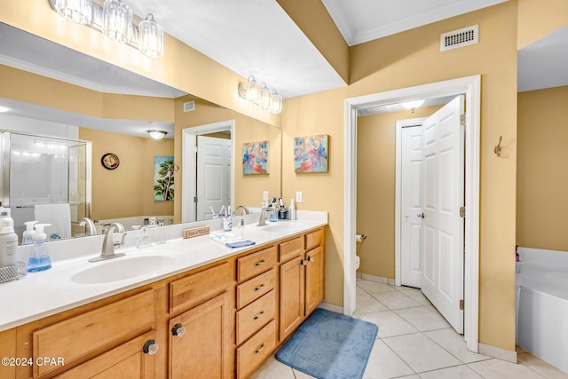 full bathroom with independent shower and bath, vanity, crown molding, tile patterned floors, and toilet