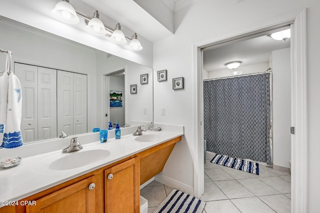 bathroom featuring vanity, tile patterned floors, and a shower with curtain