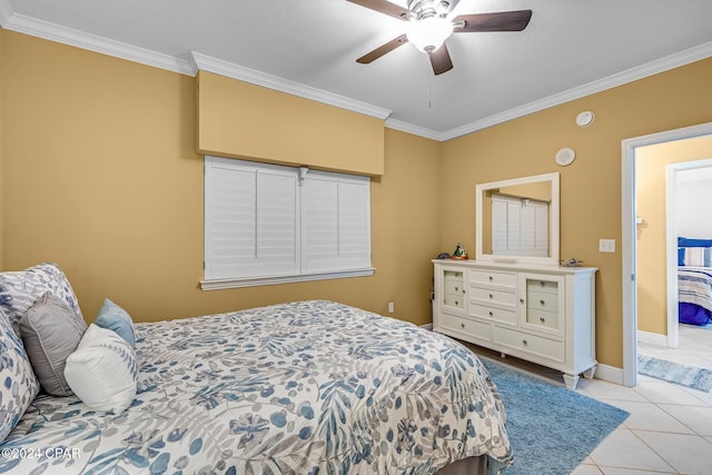 tiled bedroom featuring ceiling fan and crown molding