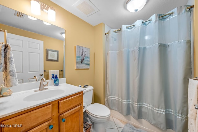 full bathroom with toilet, vanity, shower / bath combination with curtain, and tile patterned floors