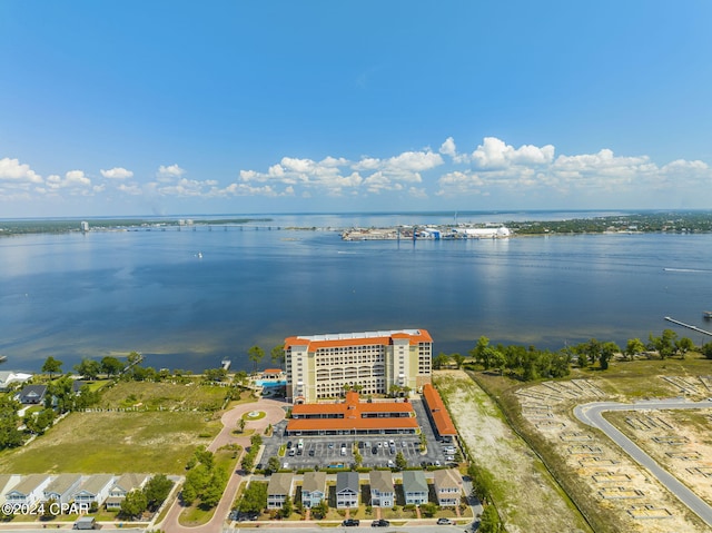 drone / aerial view with a water view