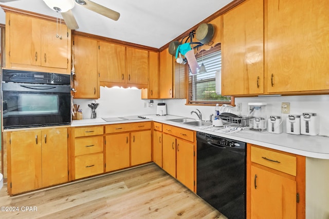 kitchen featuring black appliances, ceiling fan, light hardwood / wood-style floors, and sink