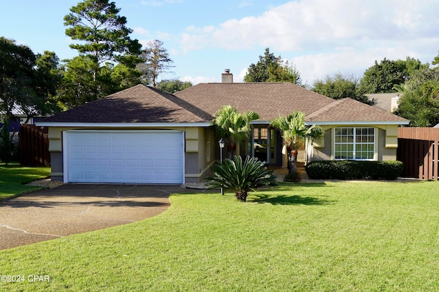 ranch-style house with a garage and a front yard