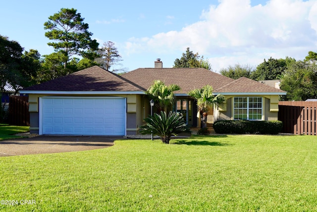 ranch-style house featuring a garage and a front yard