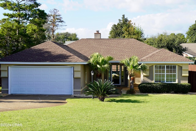 ranch-style home featuring a garage and a front yard