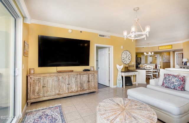 tiled living room with a notable chandelier and ornamental molding