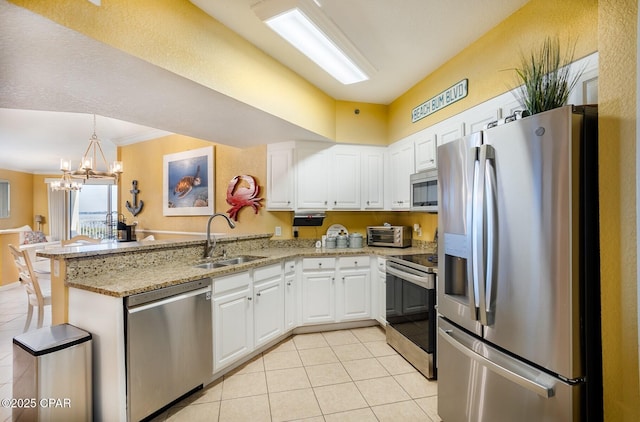 kitchen featuring sink, appliances with stainless steel finishes, white cabinets, decorative light fixtures, and kitchen peninsula