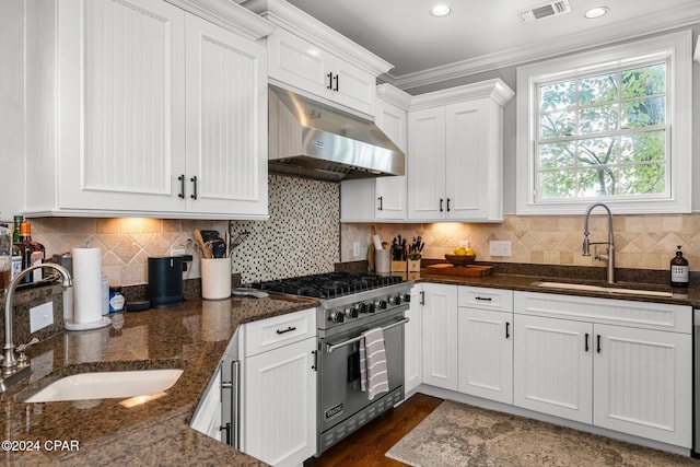 kitchen featuring luxury range, visible vents, under cabinet range hood, and a sink