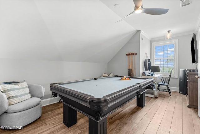 playroom featuring a ceiling fan, billiards, visible vents, and light wood-style flooring