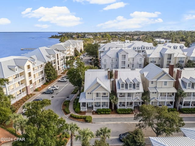aerial view with a water view and a residential view
