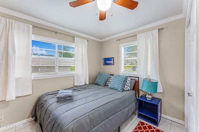 bedroom featuring crown molding, ceiling fan, and light tile patterned floors