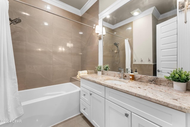 bathroom featuring shower / bath combo with shower curtain, vanity, ornamental molding, and tile patterned flooring