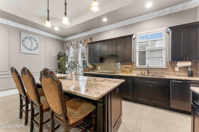 kitchen with a center island, hanging light fixtures, a raised ceiling, stainless steel dishwasher, and plenty of natural light