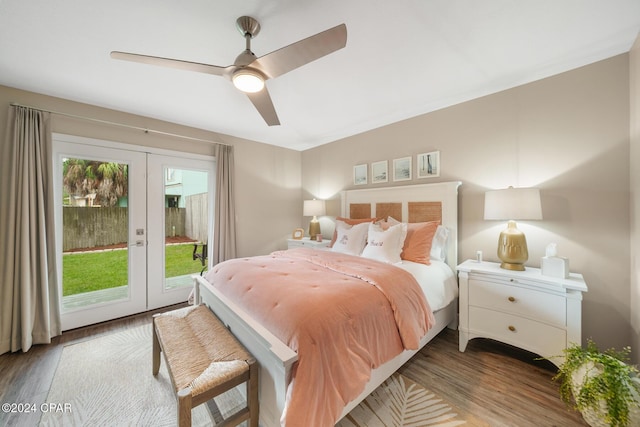 bedroom with access to outside, french doors, wood finished floors, and a ceiling fan