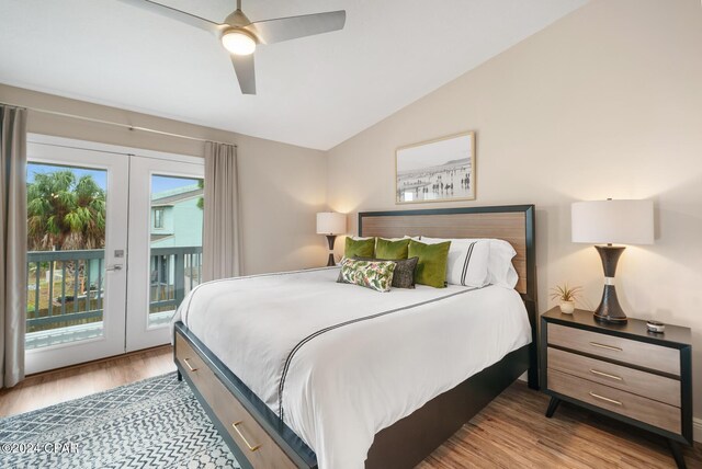 bedroom featuring lofted ceiling, access to outside, french doors, ceiling fan, and light hardwood / wood-style floors